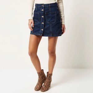 River Island DENIM BUTTON-UP A-LINE SKIRT with pockets Size UK 18 = US 14
